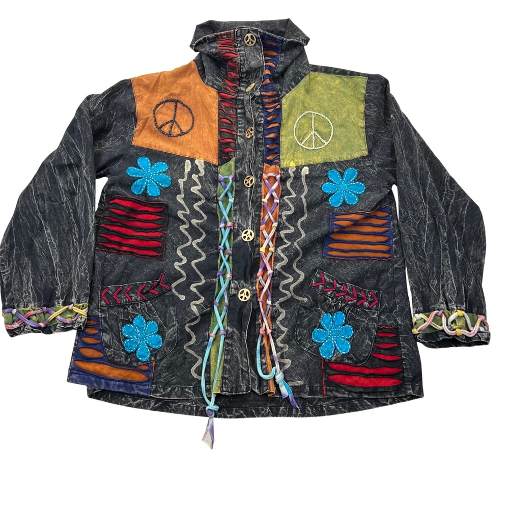 Rising Int Patchwork Jacket Women XL Acid Wash Artisan Hippie 90s Peace Boho VTG